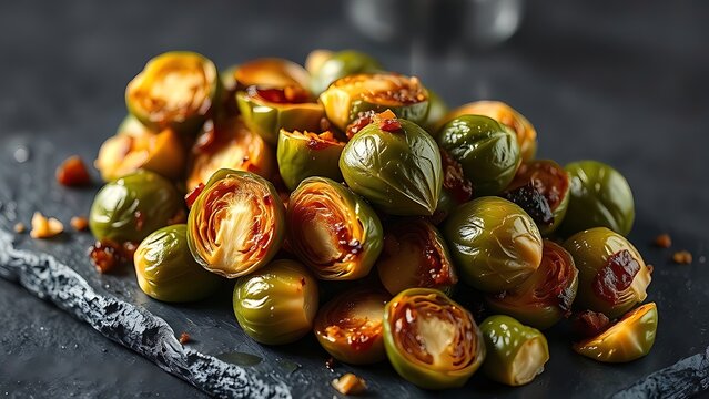 A close-up of caramelized Brussels sprouts on dark slate shows rising steam, built for culinary blogs, restaurant recipe cards, menus, and packaging mockups.