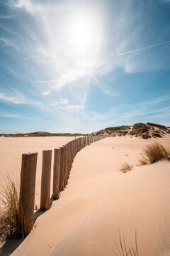 Image of sand dunes at the beach with wooden poles