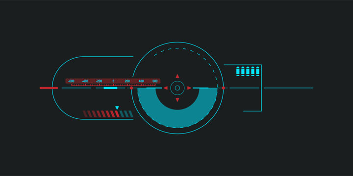 Futuristic neon HUD interface with circular target scanner, crosshair, measurement scale and ammo indicator. Cyberpunk sci-fi user interface element for game UI, virtual display, targeting system, das
