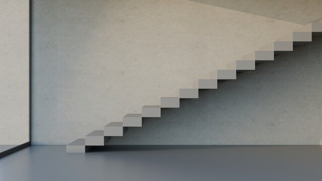 Minimalist concrete floating stairs in a modern industrial interior with clean lines and copy space