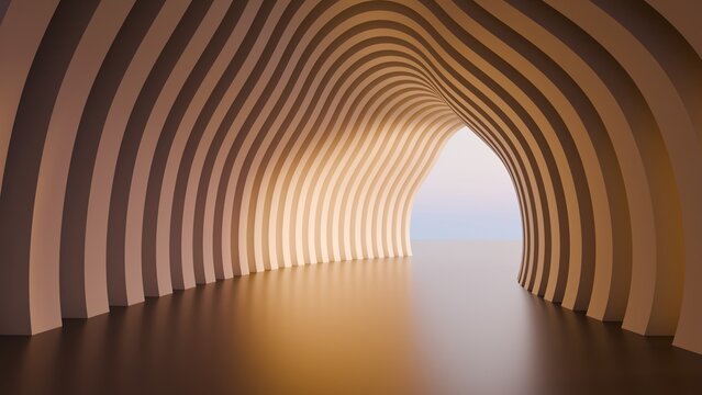 Abstract futuristic parametric architectural tunnel with wavy bionic structure and warm sunset lighting background