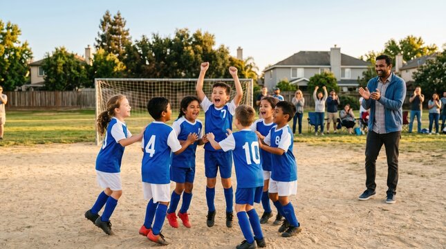 Youth soccer team celebrating victory on neighborhood field