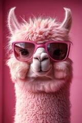 Obraz premium fluffy pink alpaca with upright furry ears and dense curly fleece against a solid pink background, whimsical and playful mood