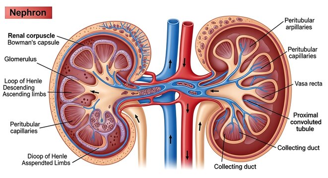 Detailed anatomical illustration of the human kidney, showcasing the intricate structure of the nephron and its vital components for filtration and waste excretion