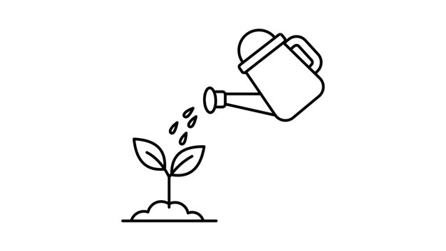 Minimalist Black Line Vector Icon of a Watering Can Nurturing a Small Sprout in Soil, Representing Growth and Care. This Editable Stroke Vector Illustration is Perfect for Business and Gardening.