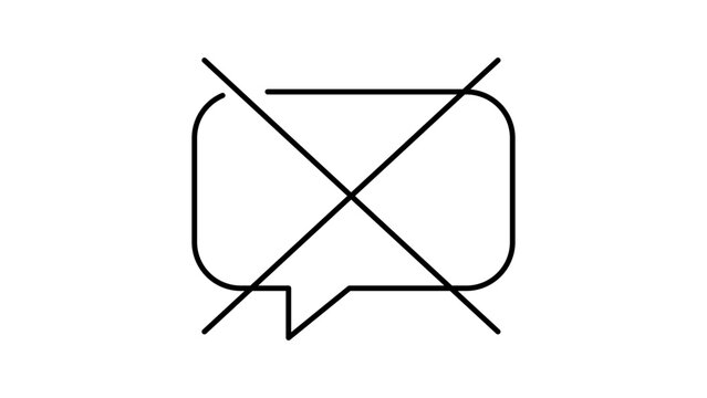 Minimalist black line vector icon of a crossed-out speech bubble on a white background, representing silence, mute, or no comments. This editable stroke vector icon is ideal for UI and web design.