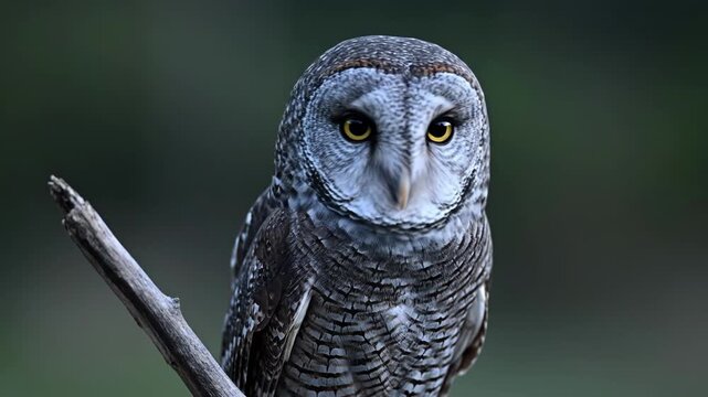 Portrait of a gray owl perched on a branch with piercing yellow eyes