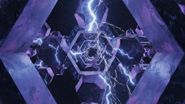 Abstract Crystal Tunnel Journey: Electric Purple Hexagons & Lightning Flashes