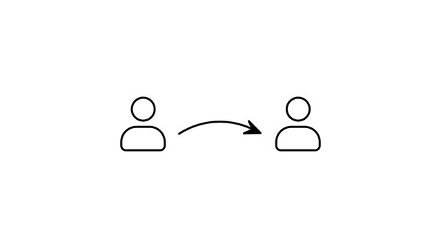 Referral Program and User Transfer Minimalist Black Line Vector Icon Illustration with Editable Stroke. Arrow Pointing from One Person to Another Representing Recommendation, Growth, and Networking.