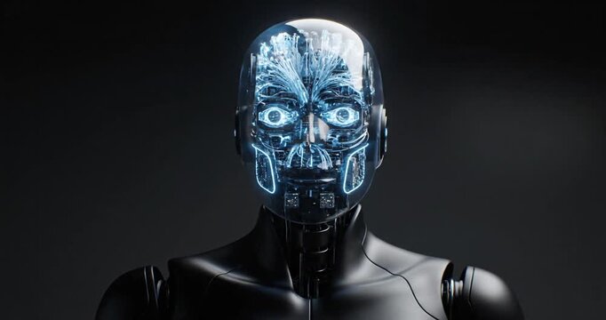 Futuristic humanoid robot with glowing circuitry, set against a dark background showcasing technology