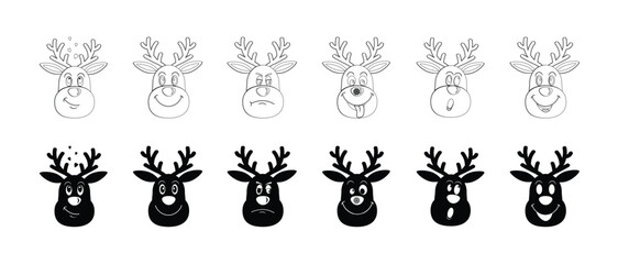 Black and white cartoon reindeer wearing a striped scarf with antlers animal. Snowman Winter Bundle Holiday Characters Seasonal Christmas Set Cute Festive vector Illustration. © Stefan