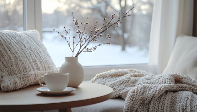 雪景色を望む窓辺にニットブランケットとカップを配した冬のくつろぎ空間