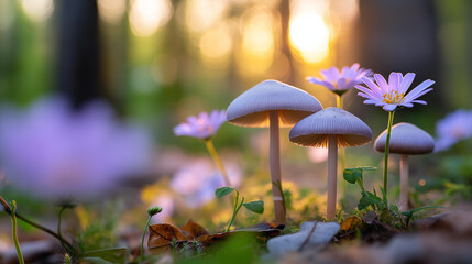 Fototapeta premium Whimsical scene of wildflowers and mushrooms in a forest at sunset, magical nature concept, woodland biodiversity, fairy-tale forest photography, defocused background, with copy