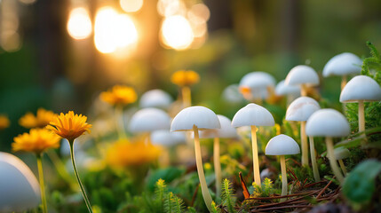 Fototapeta premium Whimsical scene of wildflowers and mushrooms in a forest at sunset, magical nature concept, woodland biodiversity, fairy-tale forest photography, defocused background, with copy