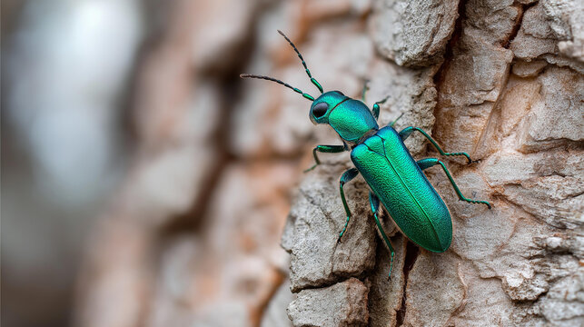 An emerald ash borer beetle on rough tree bark showing invasive species detail, conservation awareness concept, forest ecology, insect macro photography, defocused background,