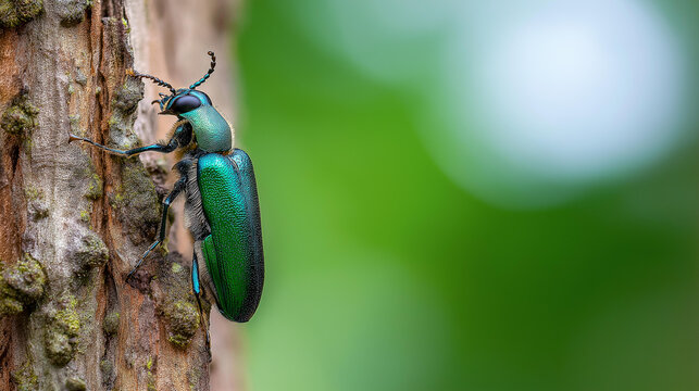 An emerald ash borer beetle on rough tree bark showing invasive species detail, conservation awareness concept, forest ecology, insect macro photography, defocused background,