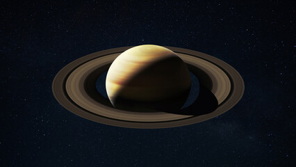 Saturn with its iconic rings, glowing against a deep space background filled with distant stars and a subtle nebula. Perfect for science and astronomy. Planet Saturn in space © alones