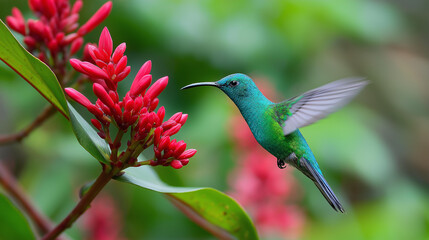 Obraz premium Hummingbird hovering mid-flight while feeding on a vibrant red tropical flower, exotic wildlife concept, garden nature photography, defocused lush background, with copy space