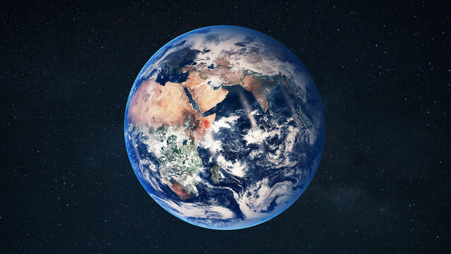 Beautiful planet Earth centered in deep space. Features highly detailed continents, swirling white clouds, and blue oceans against a vast, sparkling starry background. Blue home planet Erth