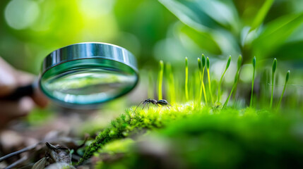 Naklejka premium Close-up of a magnifying glass held over green grass and soil revealing tiny insects, citizen science concept, biodiversity study, nature exploration, defocused background, with