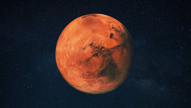 Red Planet Mars with rocky surface and Valles Marineris canyon system against a dark, star-filled cosmic background. High-quality space image.