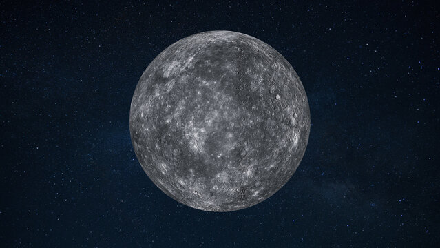 the planet Mercury against a dark starry space background. The image showcases the rocky, cratered surface and grey texture of the smallest planet in our solar system