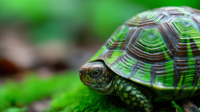 Close-up of a green and brown mossy turtle shell texture in a forest environment, nature pattern concept, reptile close-up, woodland wildlife detail, defocused background, with