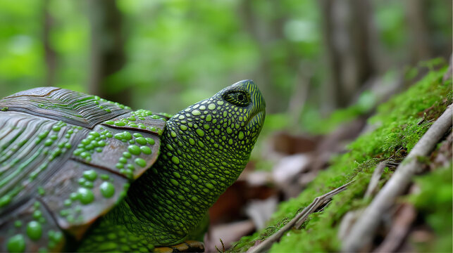 Close-up of a green and brown mossy turtle shell texture in a forest environment, nature pattern concept, reptile close-up, woodland wildlife detail, defocused background, with