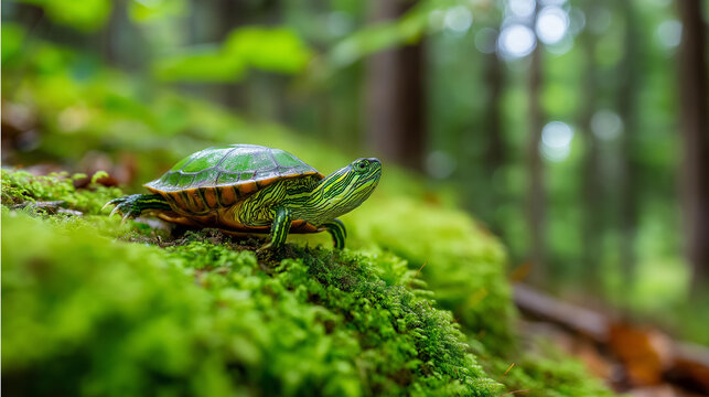 Close-up of a green and brown mossy turtle shell texture in a forest environment, nature pattern concept, reptile close-up, woodland wildlife detail, defocused background, with