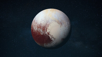 Fototapeta premium planet Pluto, featuring its iconic heart-shaped glacier and reddish-brown rocky surface. The planet is centered against a dark, vast backdrop of twinkling stars.