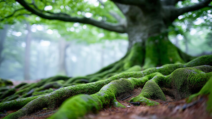 Naklejka premium A large ancient tree with spreading roots and moss-covered bark in a misty forest, old growth forest concept, nature conservation, tree ecology photography, defocused background,