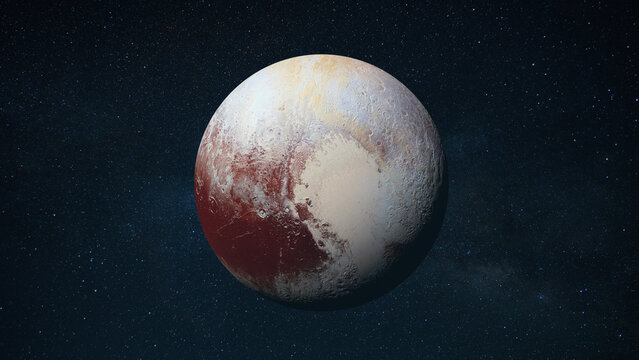 planet Pluto, featuring its iconic heart-shaped glacier and reddish-brown rocky surface. The planet is centered against a dark, vast backdrop of twinkling stars.