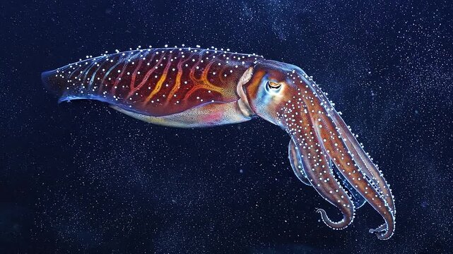 Giant squid moving through deep ocean midnight zone with amber skin