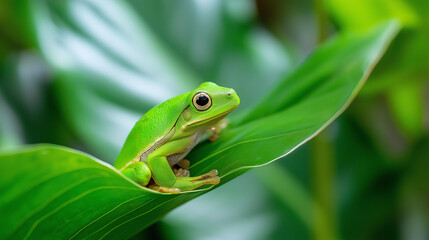 Fototapeta premium A small green tree frog clinging to a large tropical leaf, exotic amphibian wildlife concept, rainforest biodiversity, macro nature photography, defocused background, with copy