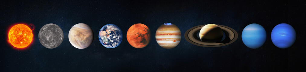 the Solar System showing the Sun and eight planets in a horizontal line against a dark starry space background. Educational cosmic wallpaper featuring celestial bodies in order. Planets, creative © alones
