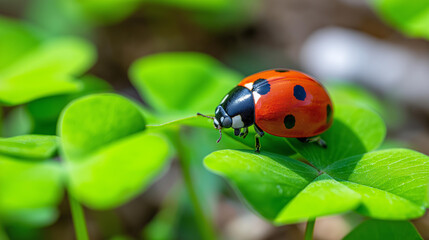 Obraz premium Close-up of a seven-spotted ladybug on a bright green clover leaf, spring nature macro concept, garden biodiversity, insect photography, defocused background, with copy space
