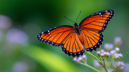 Fototapeta premium Macro close-up of a vibrant orange monarch butterfly resting on a wildflower with wings fully open, spring wildlife photography, nature macro concept, defocused green background,