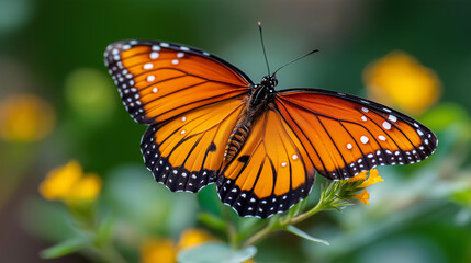 Fototapeta premium Macro close-up of a vibrant orange monarch butterfly resting on a wildflower with wings fully open, spring wildlife photography, nature macro concept, defocused green background,