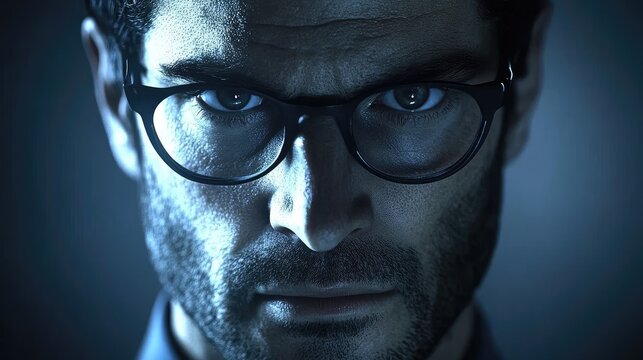 Intense man, glasses, dark background, serious expression, dramatic portrait, website banner