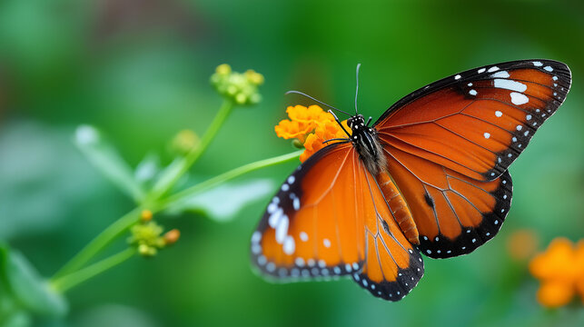 Macro close-up of a vibrant orange monarch butterfly resting on a wildflower with wings fully open, spring wildlife photography, nature macro concept, defocused green background,