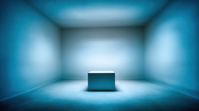 Monochromatic empty room illuminated with intense blue light featuring a central pedestal
