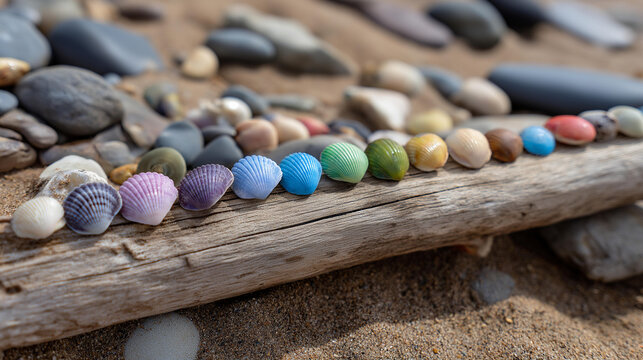Overhead flat lay of colorful seashells and driftwood arranged on a sandy beach rock, coastal nature concept, ocean biodiversity, natural still life, with copy space