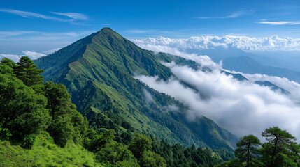 Obraz premium Lush green mountain peak rising above cloud level with sunlight breaking through, highland nature concept, mountain ecosystem, landscape photography, defocused background, with