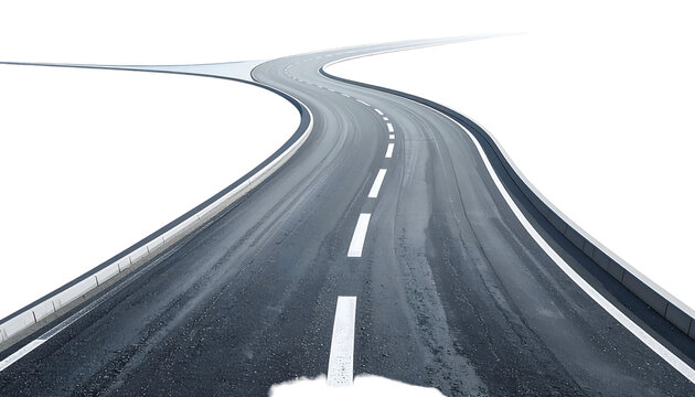A winding asphalt road with a fork, white lines, and a dark background
