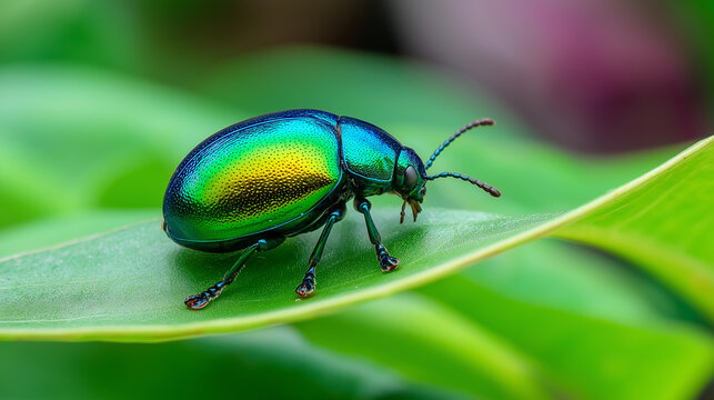 Close-up of a shiny iridescent beetle perched on a broad green leaf in soft natural light, insect macro photography, biodiversity concept, defocused background, with copy space