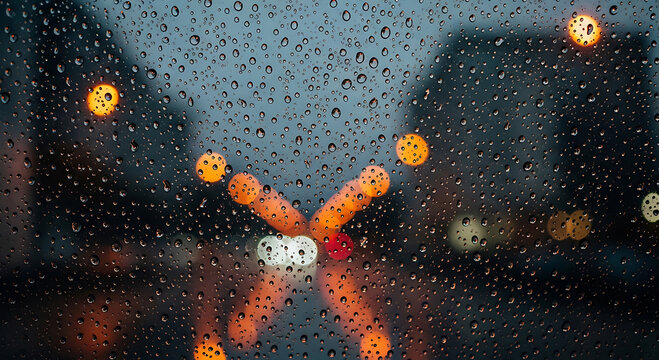 Raindrops on Car Window at Night with Blurred City Lights Bokeh