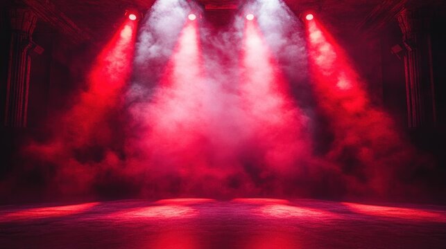 empty theater stage bathed in red spotlights and thick fog with four intense beams illuminating a reflective floor, creating a dramatic and mysterious atmosphere