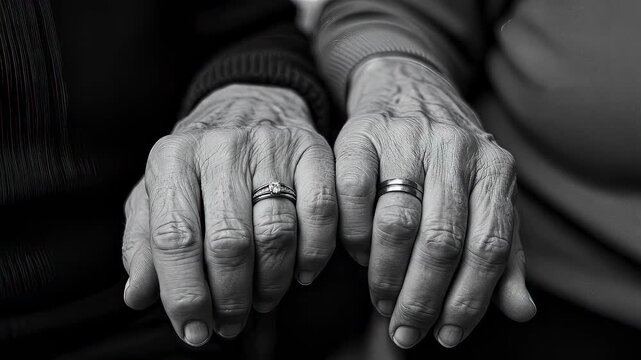 Elderly couple holding hand with wedding ring. Senior woman and man showing marriage band. Symbol of everlasting love, commitment and long marriage life concept.