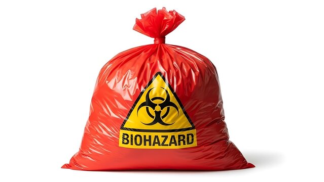 A red biohazard bag with a yellow warning label on a white background