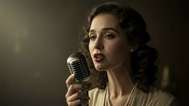 Woman singing into a vintage microphone. Retro style jazz vocalist performing on mood stage. Classic stage lighting for music event and musical art performance.